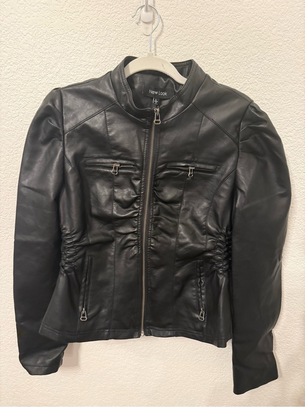 New Look Women’s Black Faux Leather Moto Jacket Ruched Zip Pockets Size L
